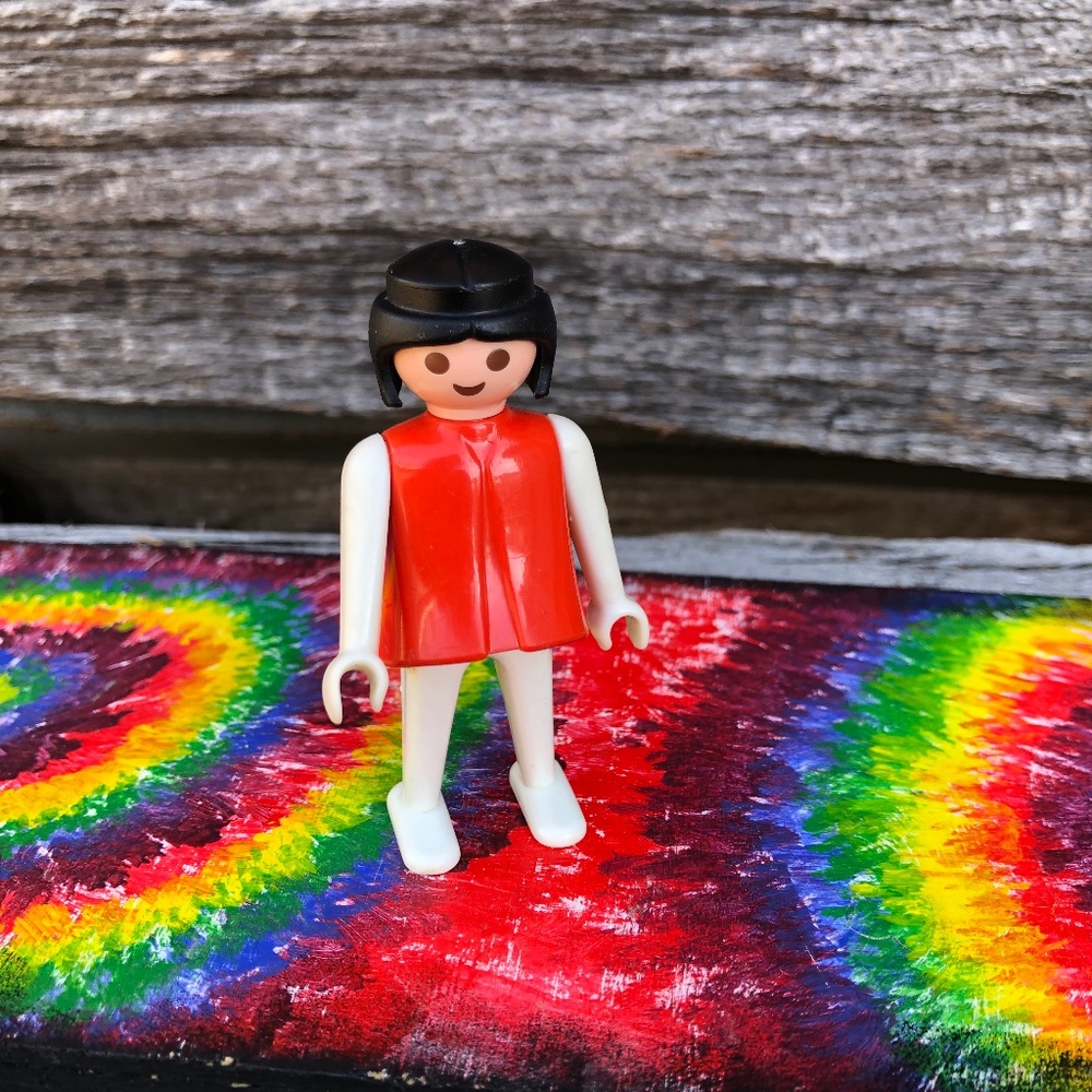 Vintage 1974 Playmobil toy figure girl with black hair red dress 1970s